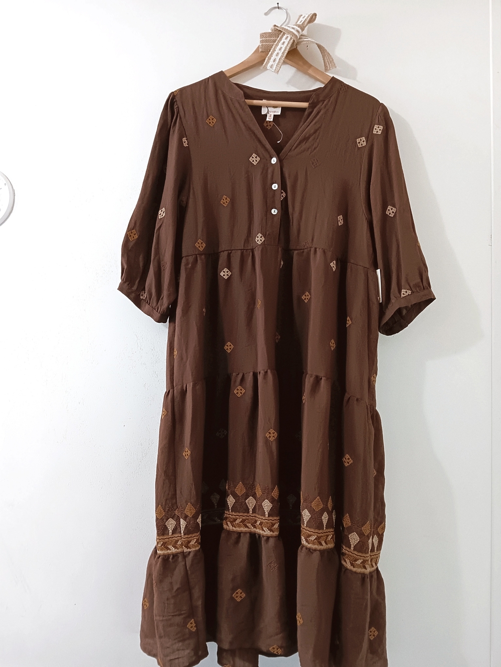 Fig + Flower Walnut Brown Button Front Boho Western Embroidered Midi Dress Large